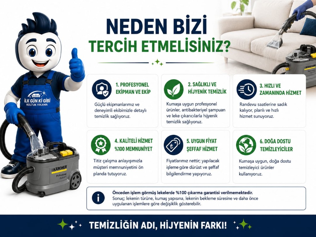 Neden bizi tercih etmelisiniz? İlk Günkü Gibi Koltuk Yıkama avantajları.